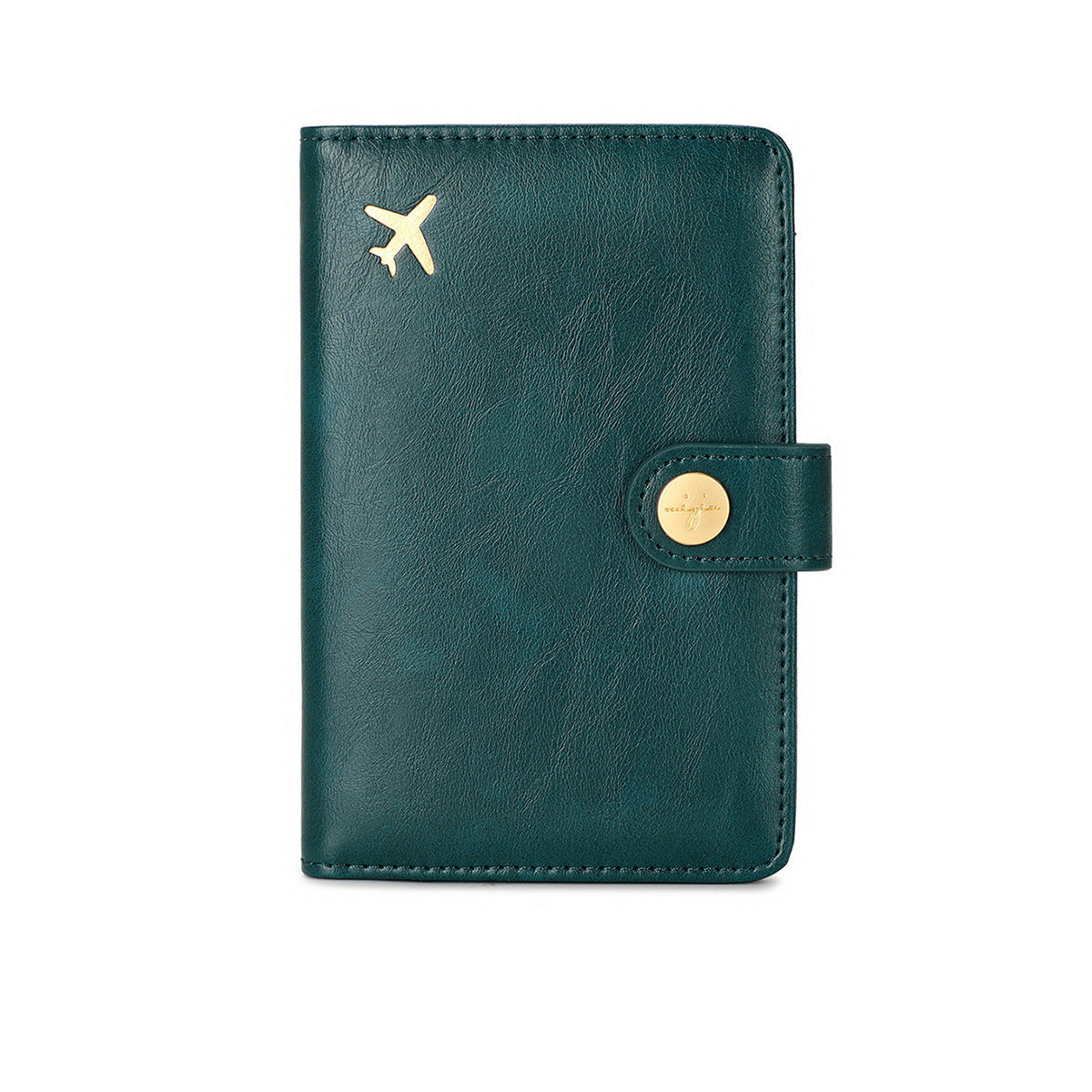 Turquoise blue green  leather travel passport valuables organizer with gold airplane emblem and button on a white background