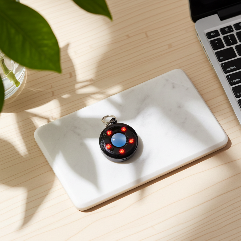 Black and red hidden-camera-detector used to detect hidden cameras in hotels and AirBnbs laying on a white marble tray next to a laptop on a wooden desk.