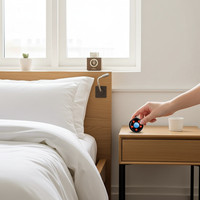 Person using a smart hidden camera detector on a nightstand next to a bed with white bedding to detect any spyware or hidden cameras and protect their safety and privacy