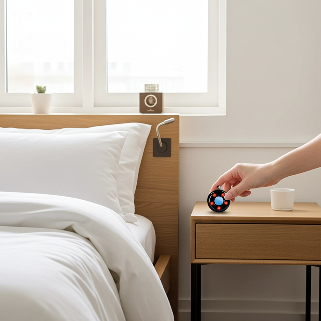 Person using a smart hidden camera detector on a nightstand next to a bed with white bedding to detect any spyware or hidden cameras and protect their safety and privacy