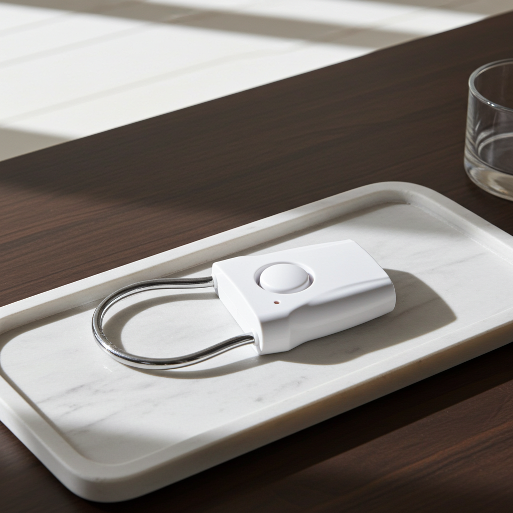 A white hotel door anti-theft alarm with a magnetic sensor and a pull cord on a marble tray