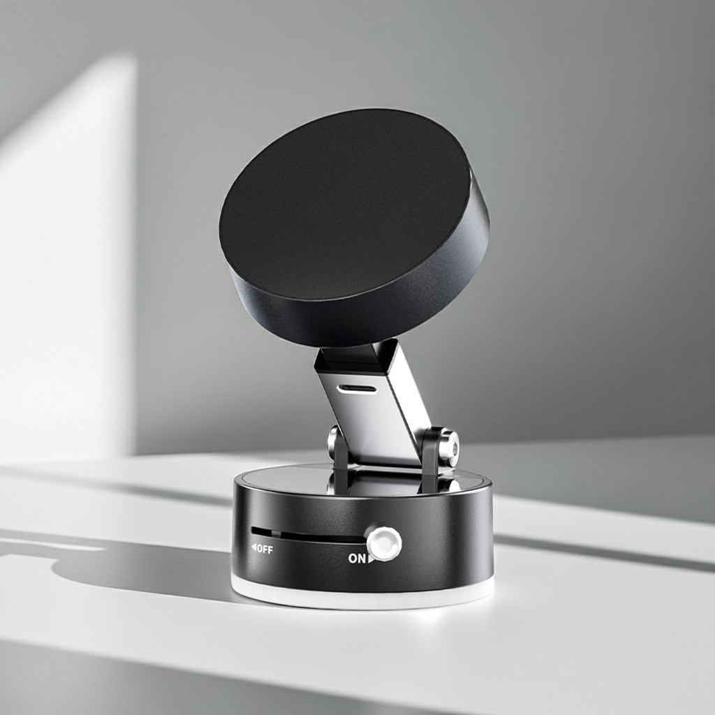 Foldable magnetic phone holder in black, combining vacuum suction and magnetic grip, compatible with most smartphones, shown mounted on dashboard for hands-free use.