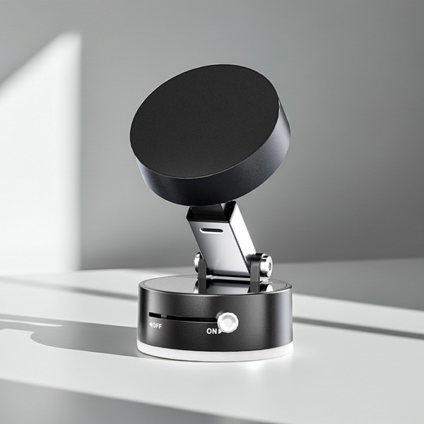 Foldable magnetic phone holder in black, combining vacuum suction and magnetic grip, compatible with most smartphones, shown mounted on dashboard for hands-free use.