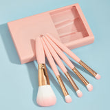 A set of five mini makeup brushes in various shapes and sizes, displayed alongside a small open mirror box in a matching soft pink color.