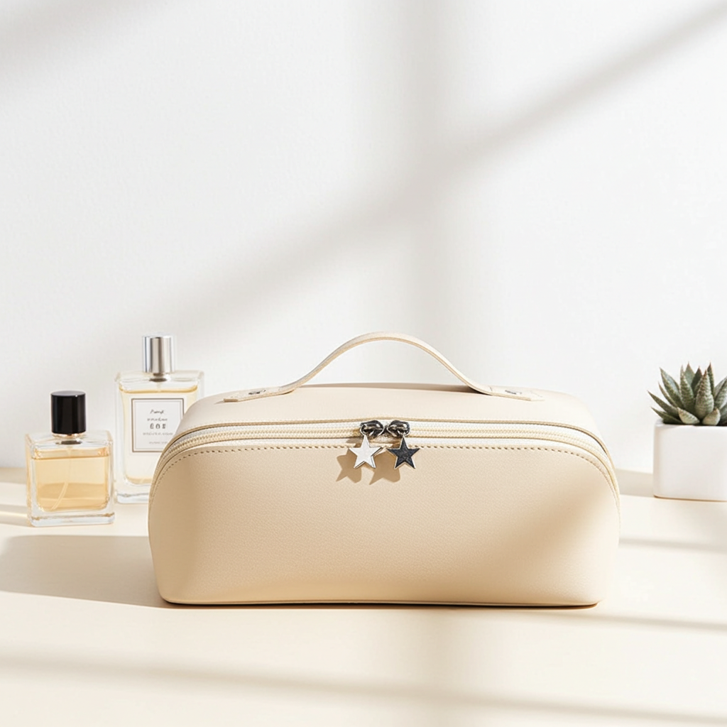 Beige toiletry bag with star-shaped charms on a white surface with perfume bottles in the background.