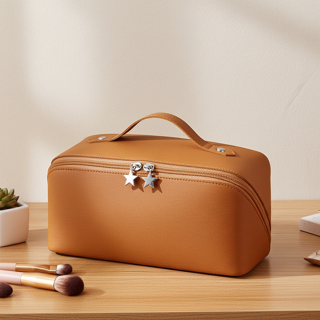 Brown cosmetic bag with star-shaped zippers on a wooden surface