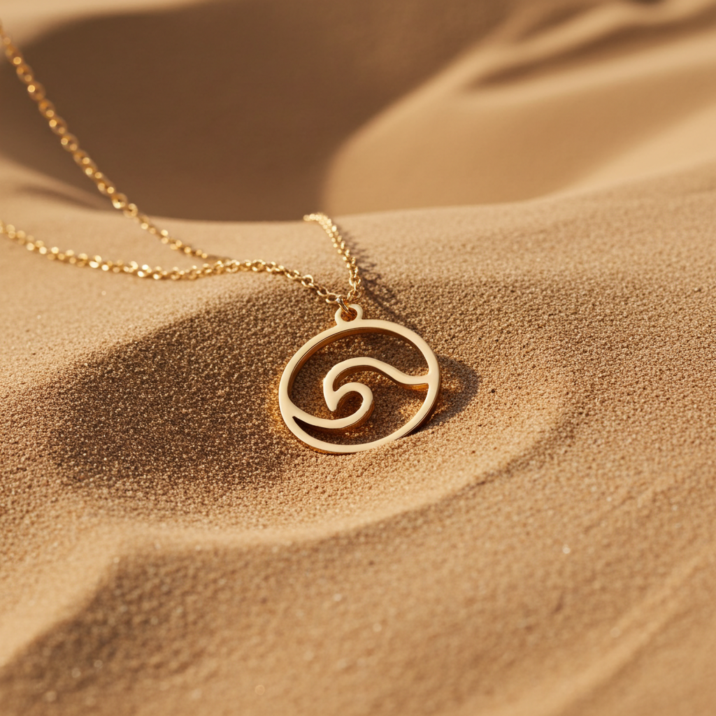 Minimalistic gold stainless steel necklace with an ocean wave pendant on soft sand