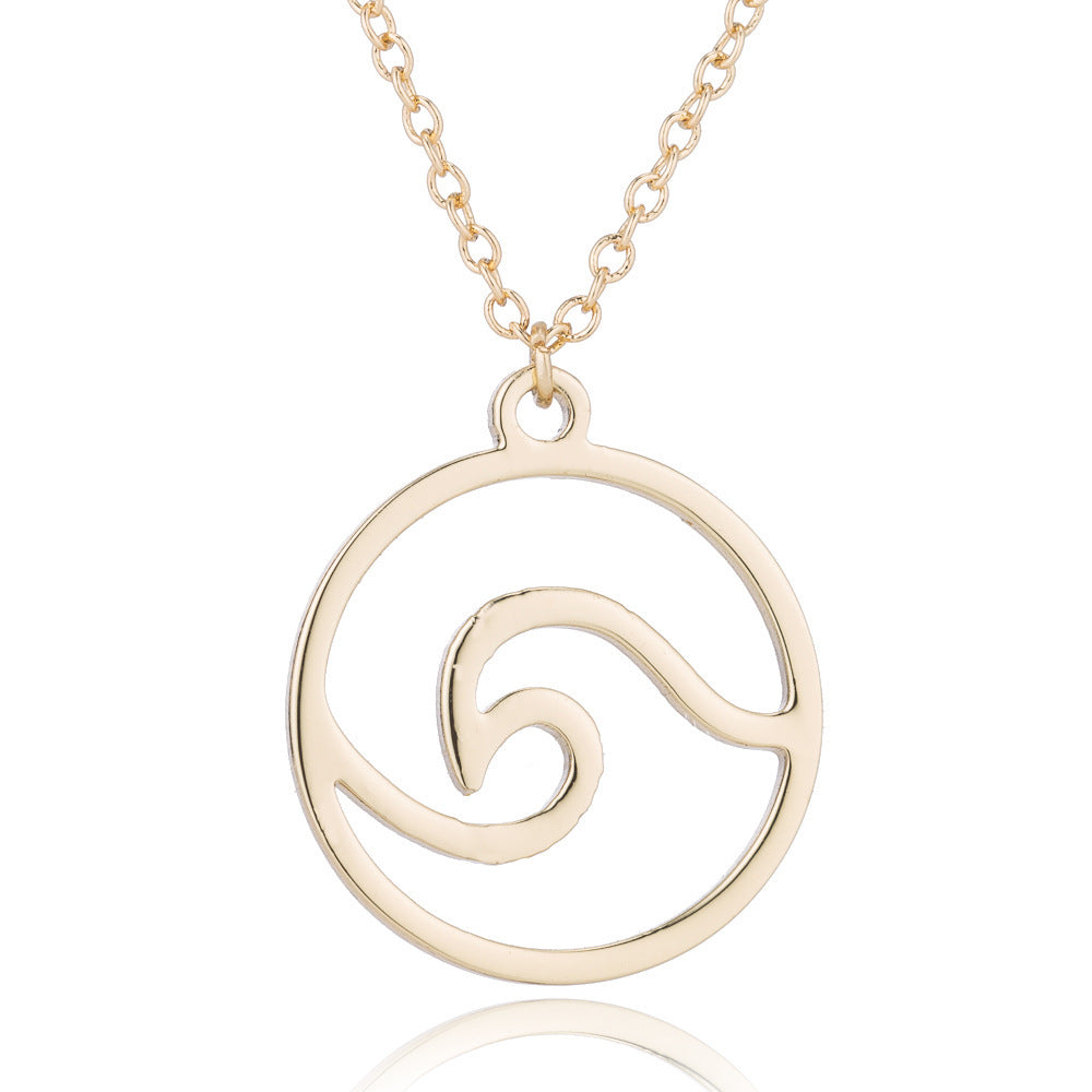 a golden wave pendant necklace on adjustable stainless steel chain, ocean-inspired jewelry.