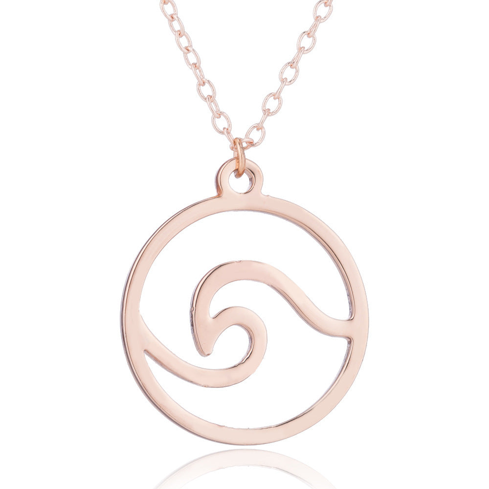 A rose gold wave pendant necklace on adjustable stainless steel chain, ocean-inspired jewelry.