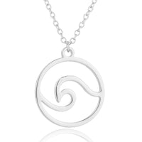 a silver wave pendant necklace on adjustable stainless steel chain, ocean-inspired jewelry.