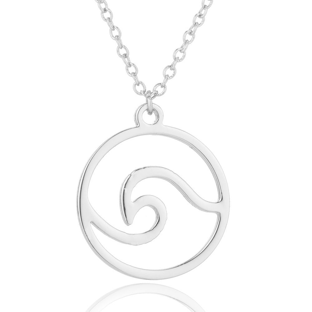 a silver wave pendant necklace on adjustable stainless steel chain, ocean-inspired jewelry.