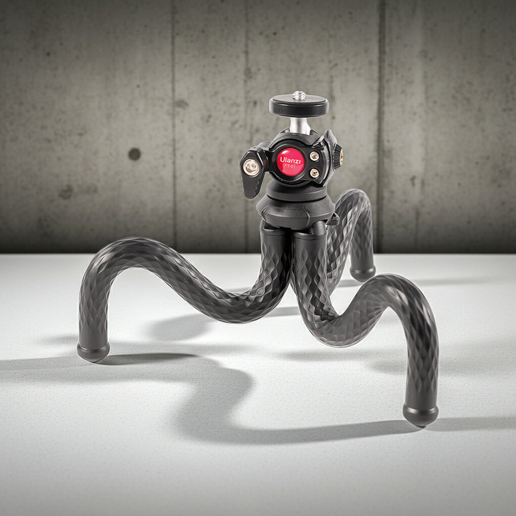 octopus phone dslr flexible tripod - Flexible black phone selfie octopus tripod with bendable legs and phone clip, shown in a modern minimalist setup for travel and content creation.