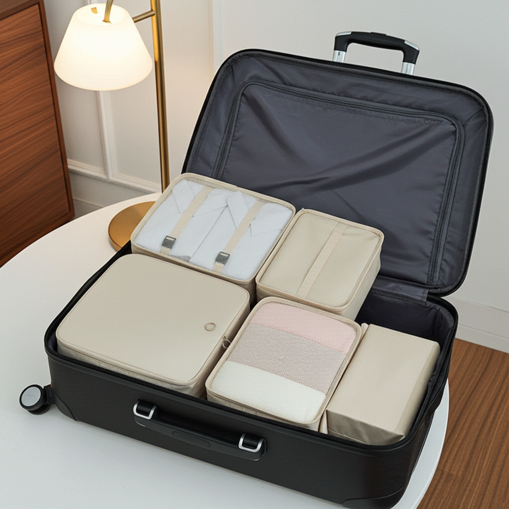 packing cube organizers in a black suitcase