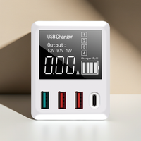 White 4-port travel wall charger with USB, Type-C, and QC3.0 outputs, compact and designed for international travel charging needs.