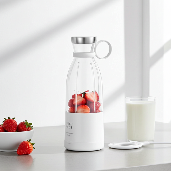 Portable smoothie blender in white, compact travel blender with dual blades and USB magnetic charging, ideal for fresh smoothies on the go.