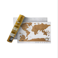 World Map Journal for travel lovers in White, scratch-off gold foil design to track visited countries, luxurious interactive travel map for home or office.