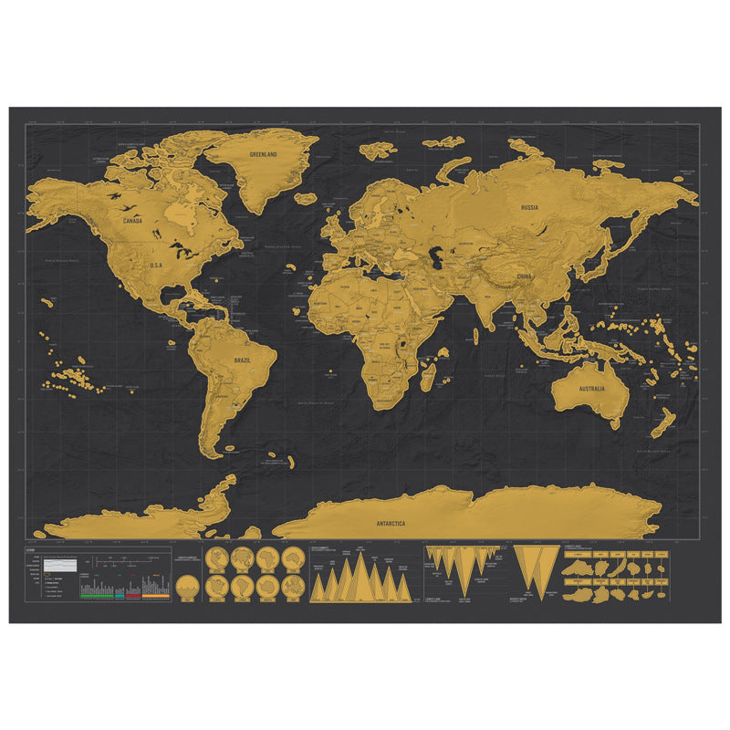 World Map Journal for travel lovers in black, scratch-off gold foil design to track visited countries, luxurious interactive travel map for home or office.