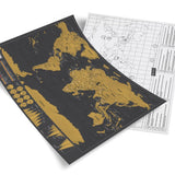 World Map Journal for travel lovers in black, scratch-off gold foil design to track visited countries, luxurious interactive travel map for home or office.