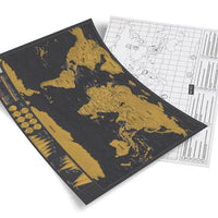 World Map Journal for travel lovers in black, scratch-off gold foil design to track visited countries, luxurious interactive travel map for home or office.