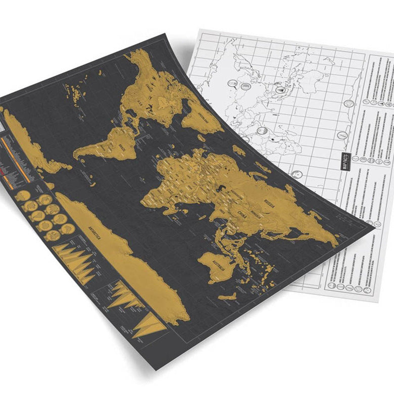 World Map Journal for travel lovers in black, scratch-off gold foil design to track visited countries, luxurious interactive travel map for home or office.