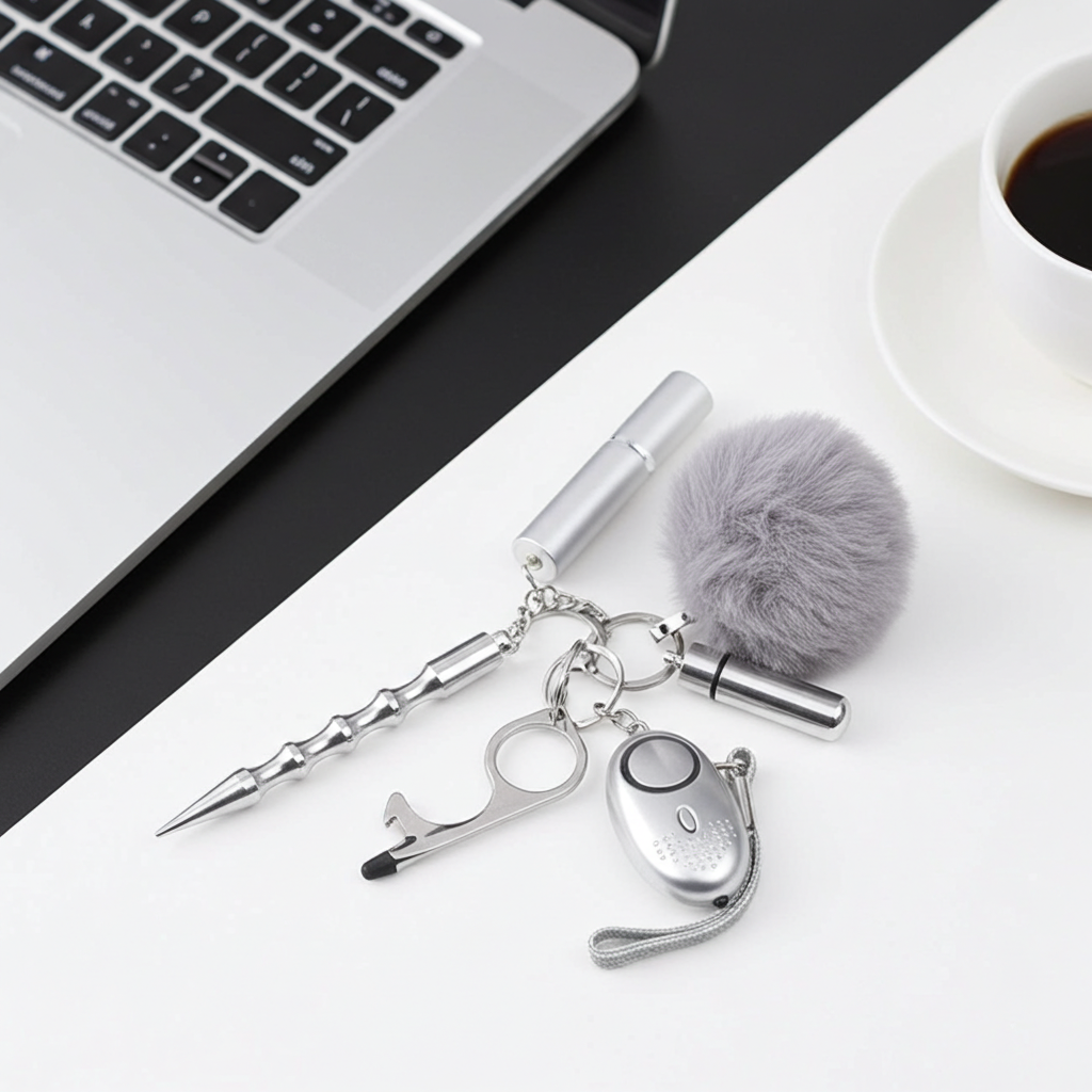 8-piece women’s self-defense keychain set in silver, including alarm, self-defense stick, window breaker, whistle, knife, knuckle tool, bottle holder, and pompom—all arranged neatly for display.