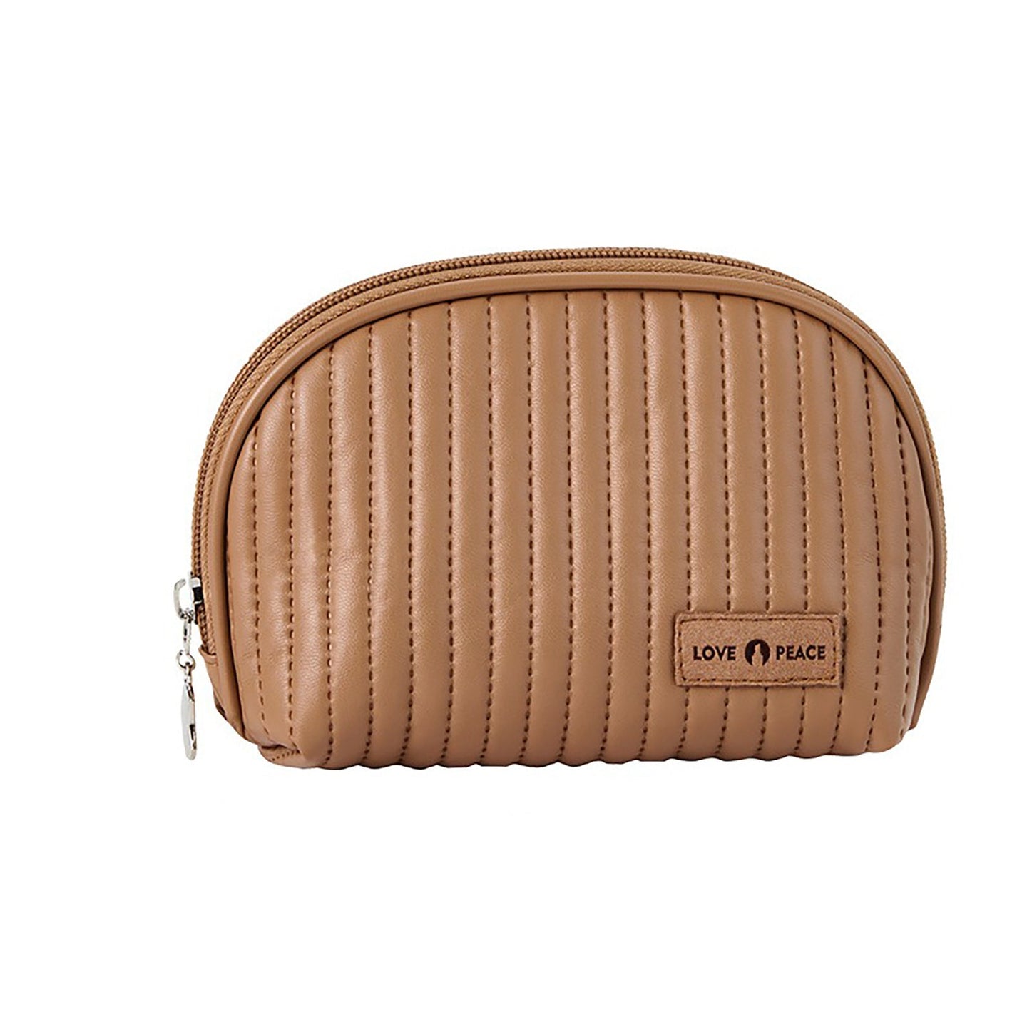 a medium-sized brown cosmetic bag with a smooth metal zipper and a brand label reading 'Lush Faced'. The bag has a shell-like design and appears to be made of PU leather.