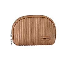 a medium-sized brown cosmetic bag with a smooth metal zipper and a brand label reading 'Lush Faced'. The bag has a shell-like design and appears to be made of PU leather.