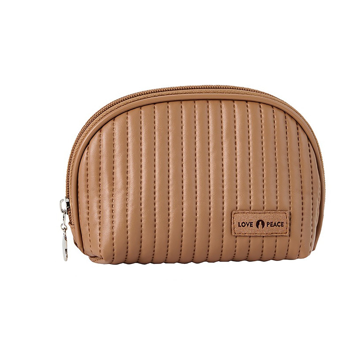 a medium-sized brown cosmetic bag with a smooth metal zipper and a brand label reading 'Lush Faced'. The bag has a shell-like design and appears to be made of PU leather.