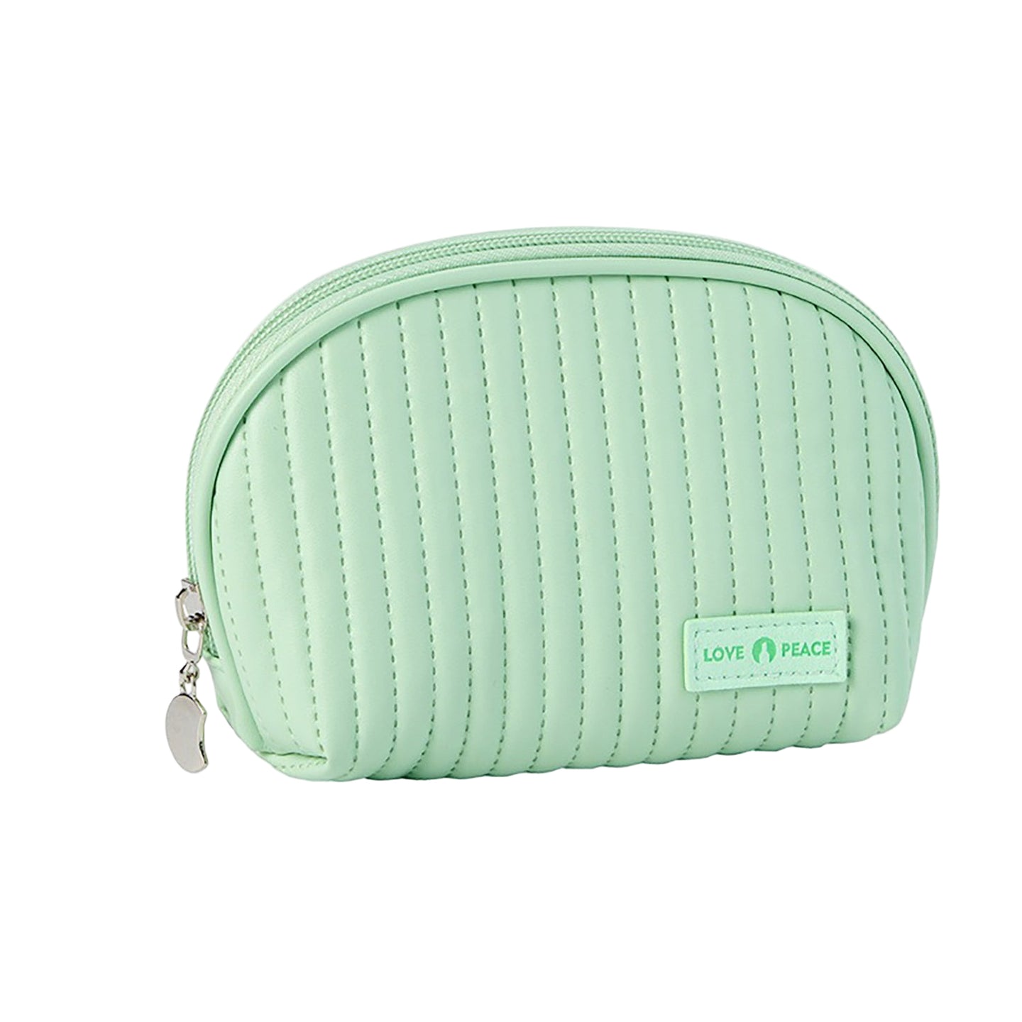 medium-sized light green cosmetic bag with a smooth metal zipper and a brand label reading 'Lush Faced'. The bag has a shell-like design and appears to be made of PU leather.