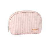 medium-sized pink cosmetic bag with a smooth metal zipper and a brand label reading 'Lush Faced'. The bag has a shell-like design and appears to be made of PU leather.
