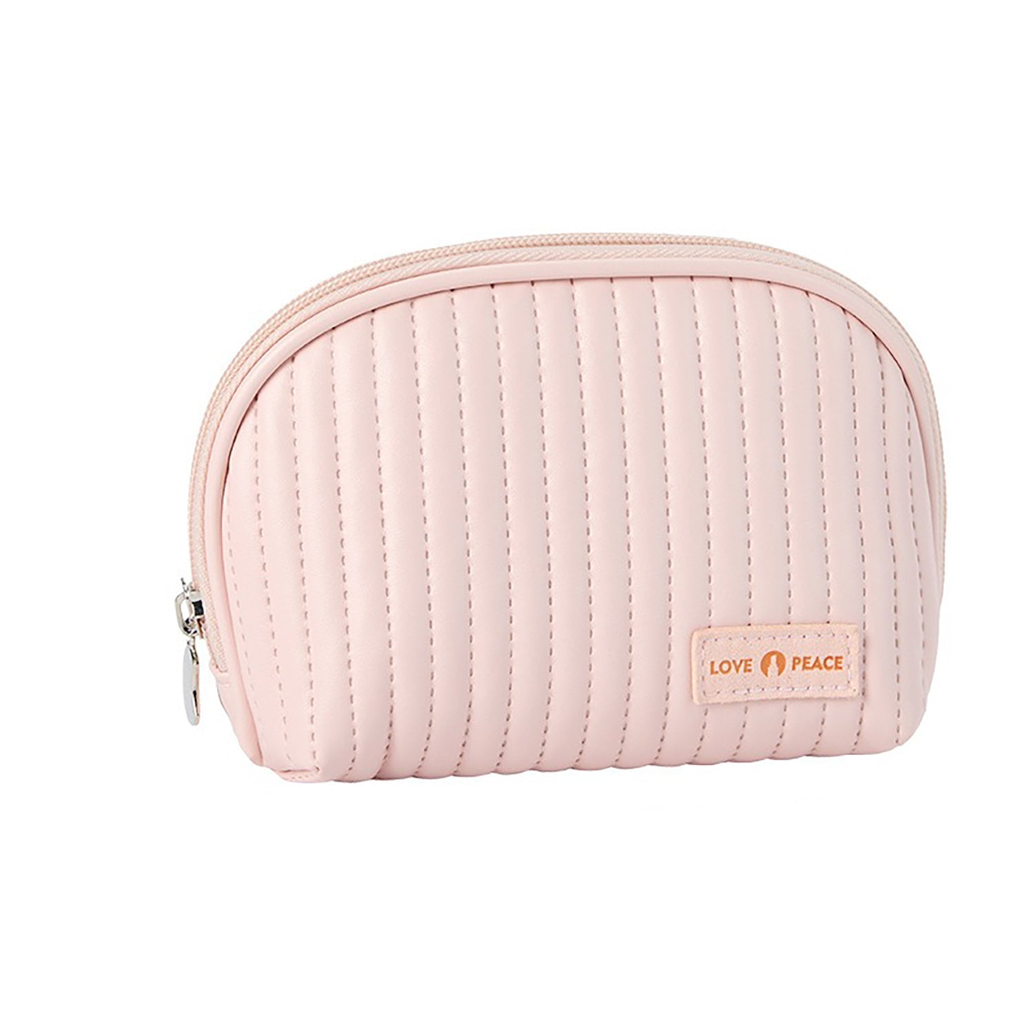 medium-sized pink cosmetic bag with a smooth metal zipper and a brand label reading 'Lush Faced'. The bag has a shell-like design and appears to be made of PU leather.