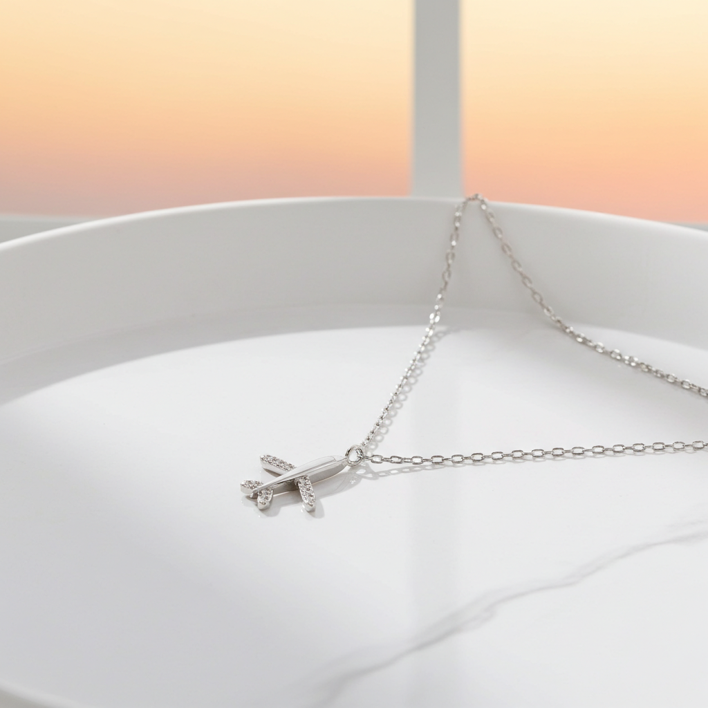 Close-up photo of a silver airplane pendant necklace featuring a sparkling cubic zirconia stone, displayed against a sunset gradient background. The image highlights the pendant’s shape, polished finish, and the adjustable silver chain.