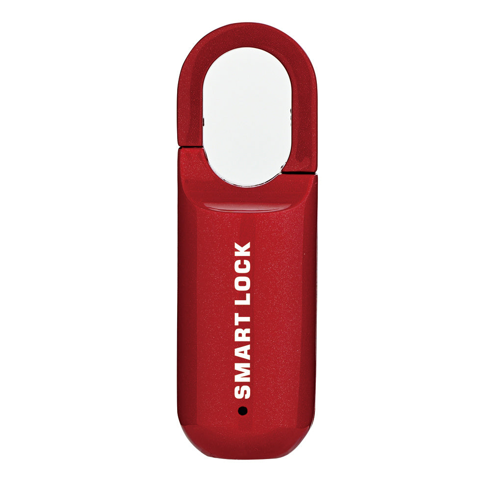 Red smart fingerprint lock with 'SMART LOCK' branding on a white background
