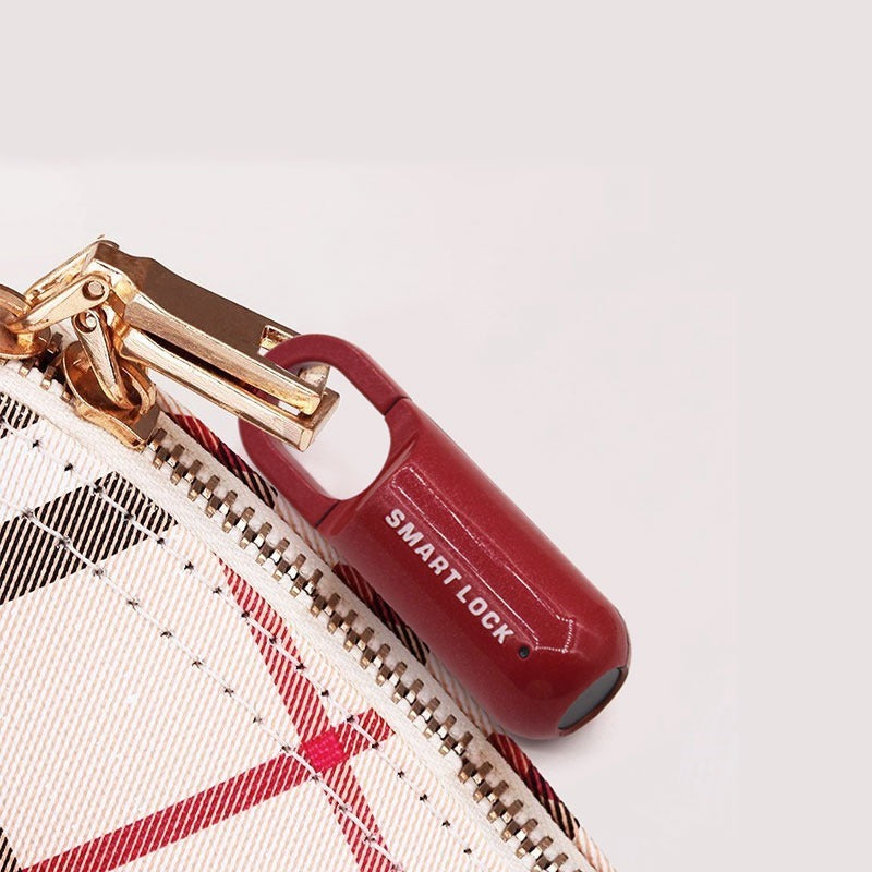 Red 'SMARTLOCK' fingerprint keychain lock attached to a plaid bag on a white background