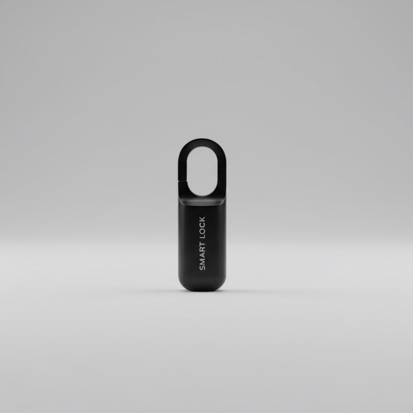 Black smart fingerprint USB charge lock on a white surface with a neutral background