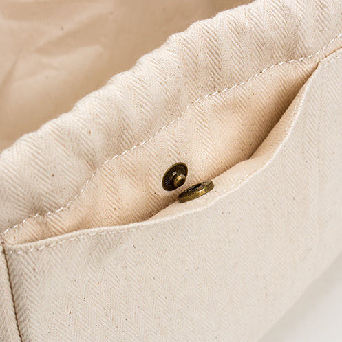 Details of the Beige cotton canvas bag organizer with multiple pockets, Japanese minimalist design, available in drawstring or zipper closure, shown in small/medium/large sizes.