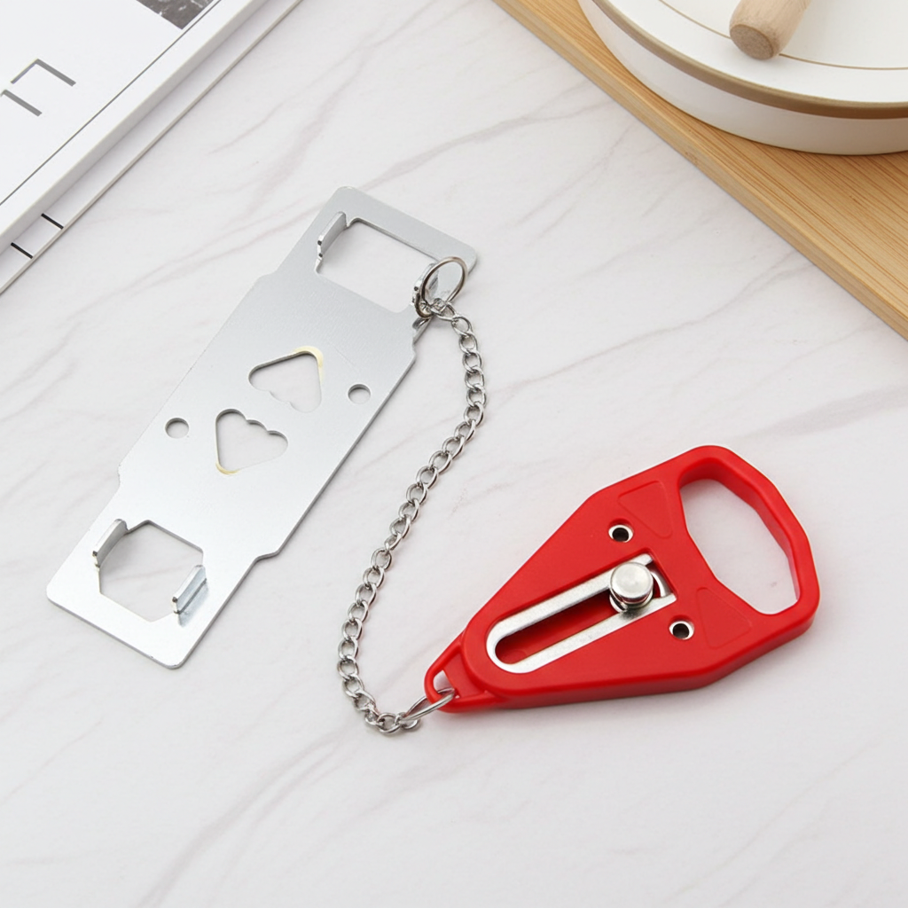 A travel sized hotel door stopper used for stopping intruders anti theft with chain on a white surface