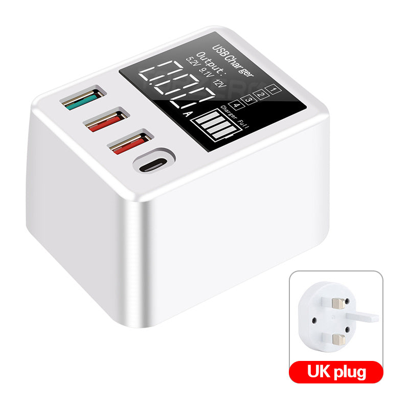 White 4-port travel wall charger with USB, Type-C, and QC3.0 outputs, compact and designed for international travel charging needs.