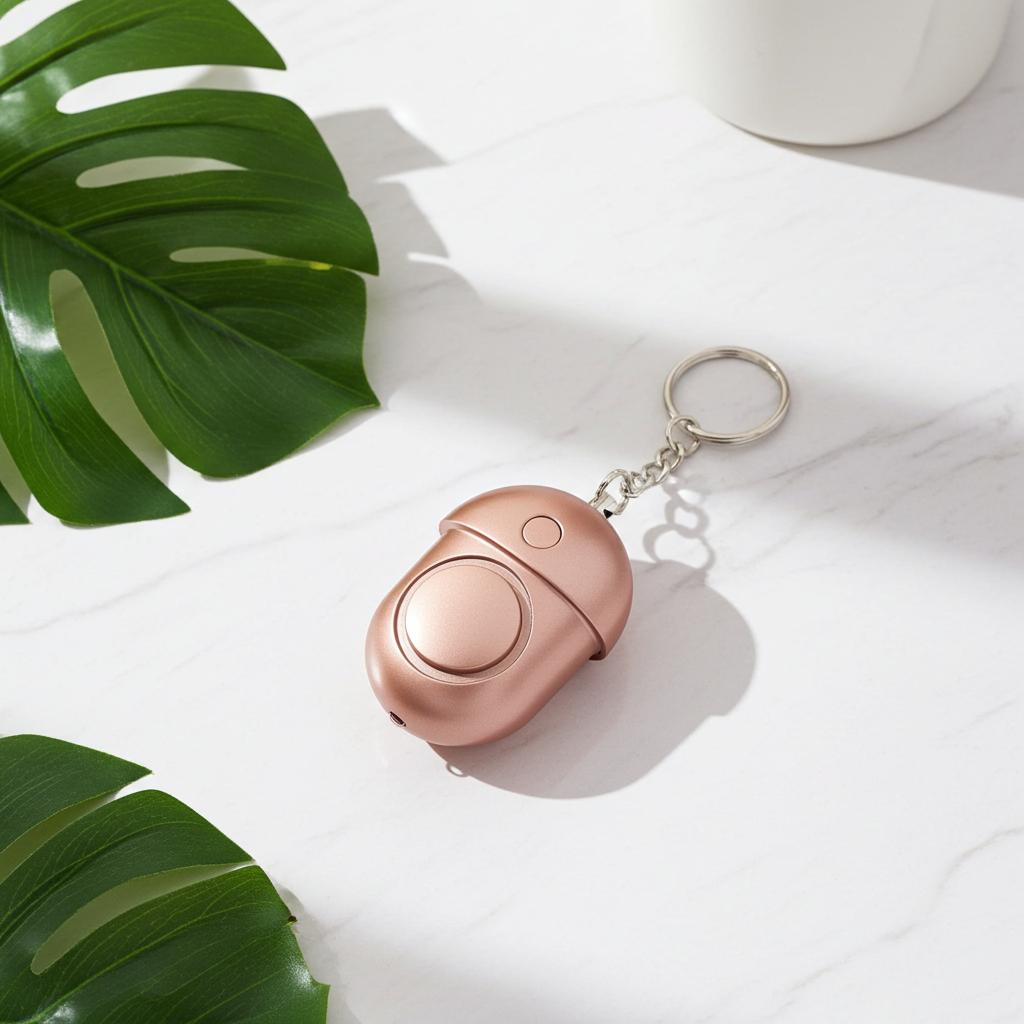 Mini self-defense alarm in rose gold pink, compact keychain safety device with built-in LED light, shown in modern minimalist style.
