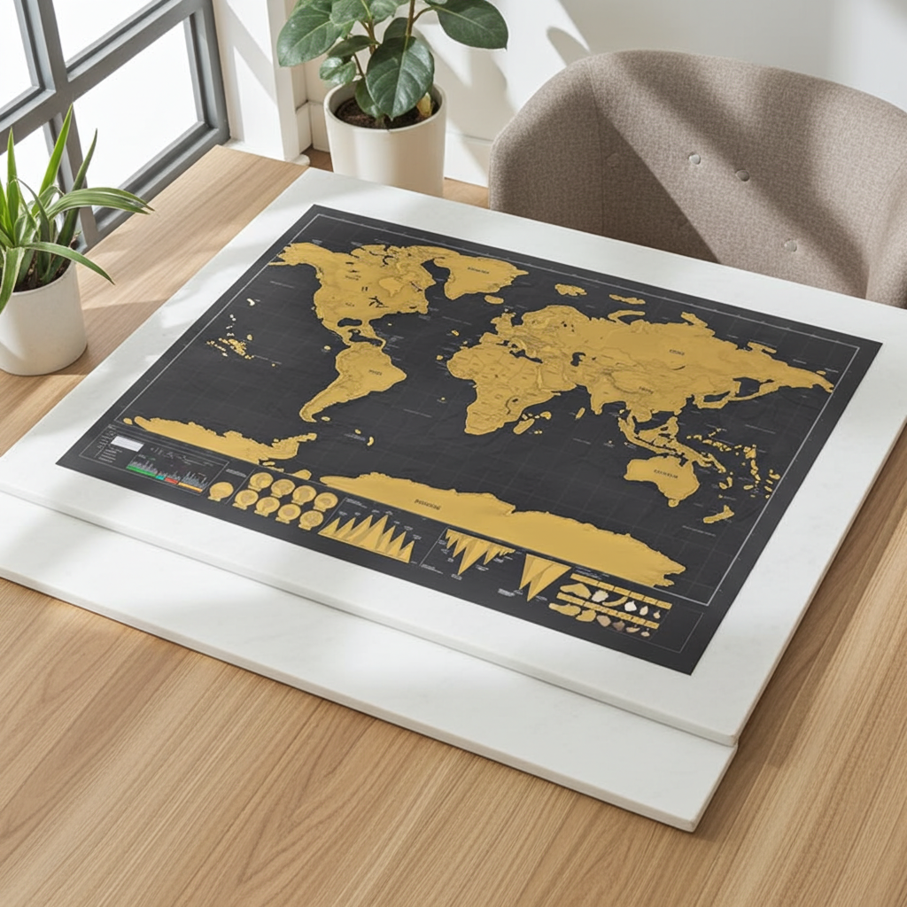 World Map Journal for travel lovers in black, scratch-off gold foil design to track visited countries, luxurious interactive travel map for home or office.