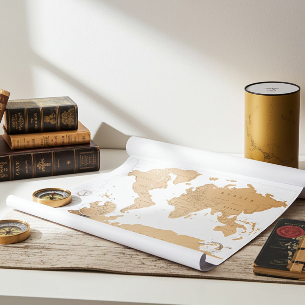 World Map Journal for travel lovers in white, scratch-off gold foil design to track visited countries, luxurious interactive travel map for home or office.