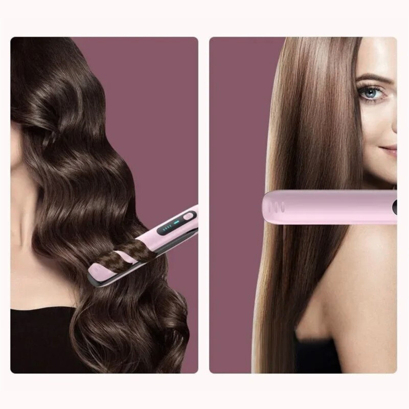 Wireless hair straightener being used on two different hair types against a purple background
