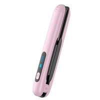 Wireless pink USB hair straightener with digital display on a white background
